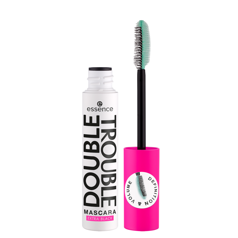 Essence Double Trouble Mascara in pink tube with dual-ended brush for volume and length