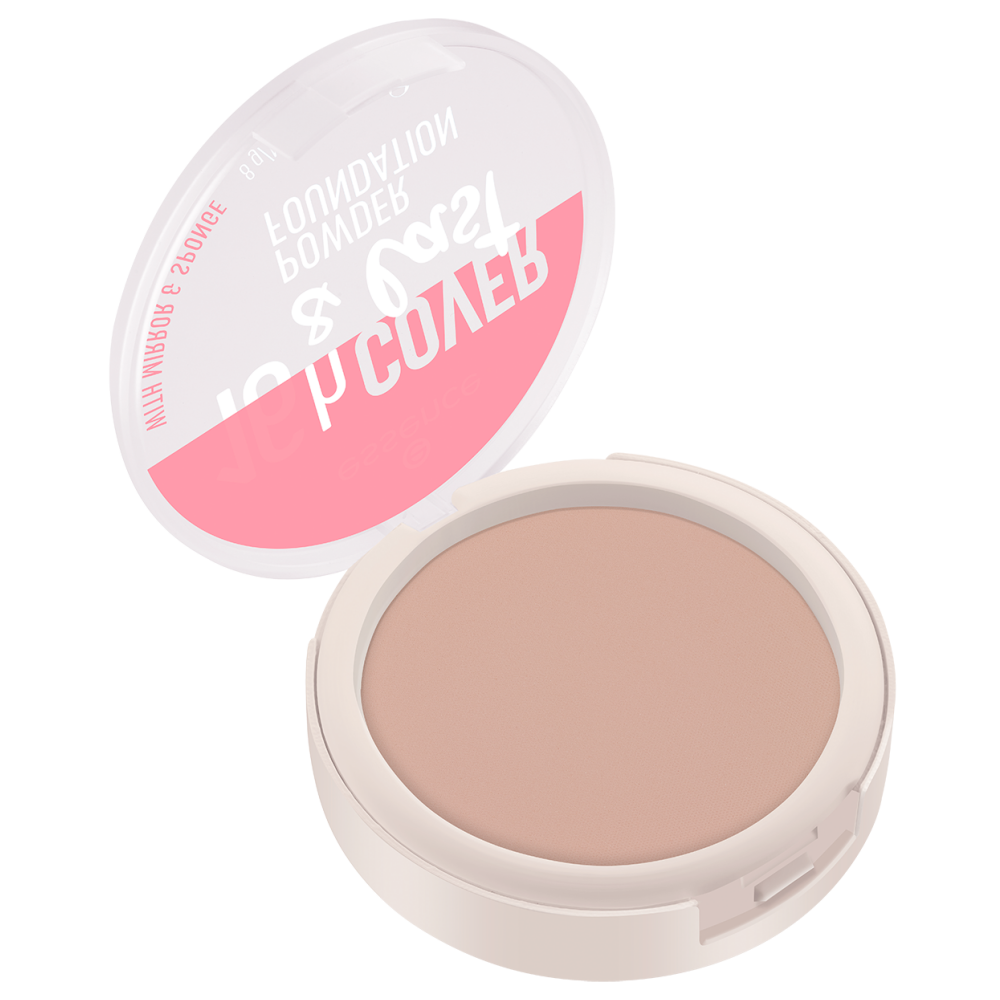 Essence 16H Cover & Last Powder Foundation compact in shade 04 Fair Ivory with round mirror and sponge