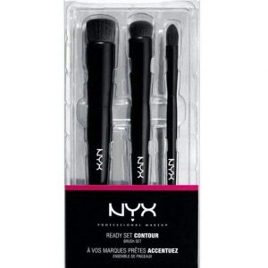 NYX Ready Set Contour Brush 3IN1 pack shot with three angled synthetic brushes on white background
