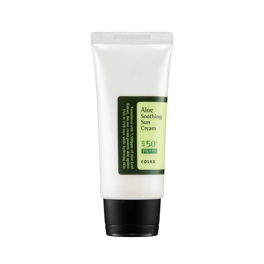 Cosrx Aloe Sun Cream SPF50 tube with green and white packaging on a clean surface