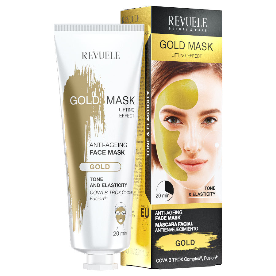 Revuele Gold Mask 80ml jar with golden shimmer gel on a white surface