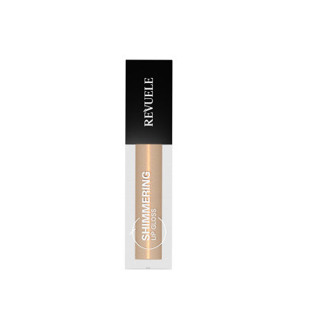 Revuele Shimmering Lip Gloss in shade 20, shown with applicator wand and glossy finish on lips