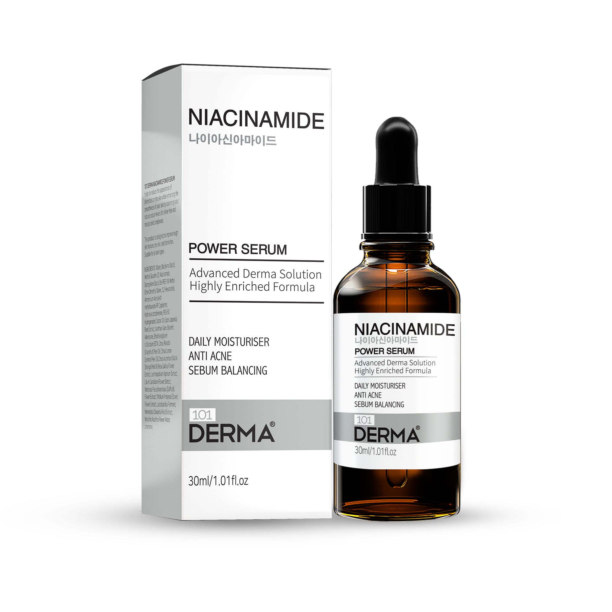 101 Derma Niacinamide Serum 30ml bottle with dropper, minimalist white packaging against clean background