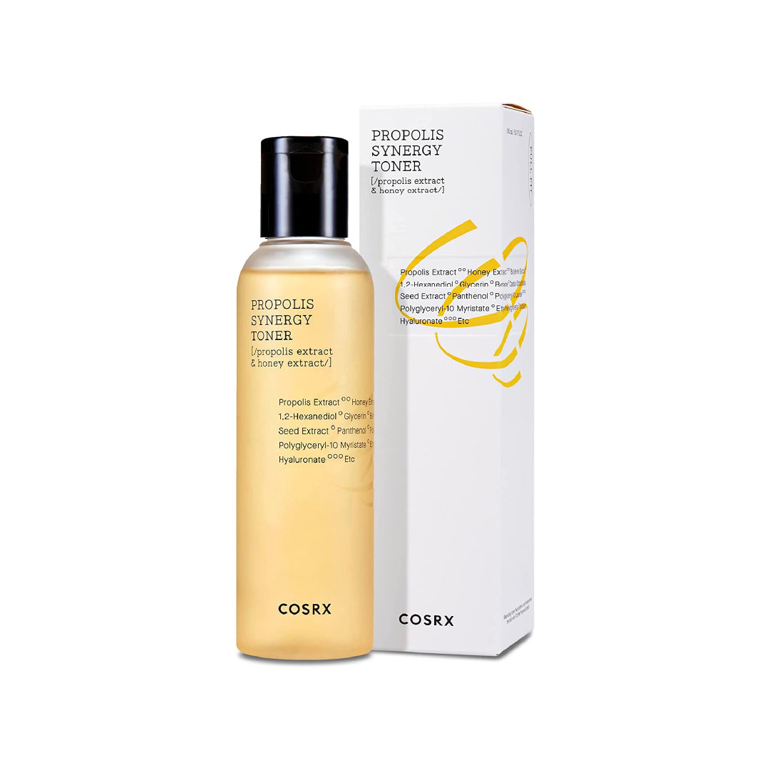 COSRX Full Fit Propolis Synergy Toner 150ml bottle on a white surface showing golden liquid inside