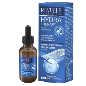 Revuele Hydra Therapy Intense Moisturising Serum-Elixir 25 ml glass bottle with dropper against white background
