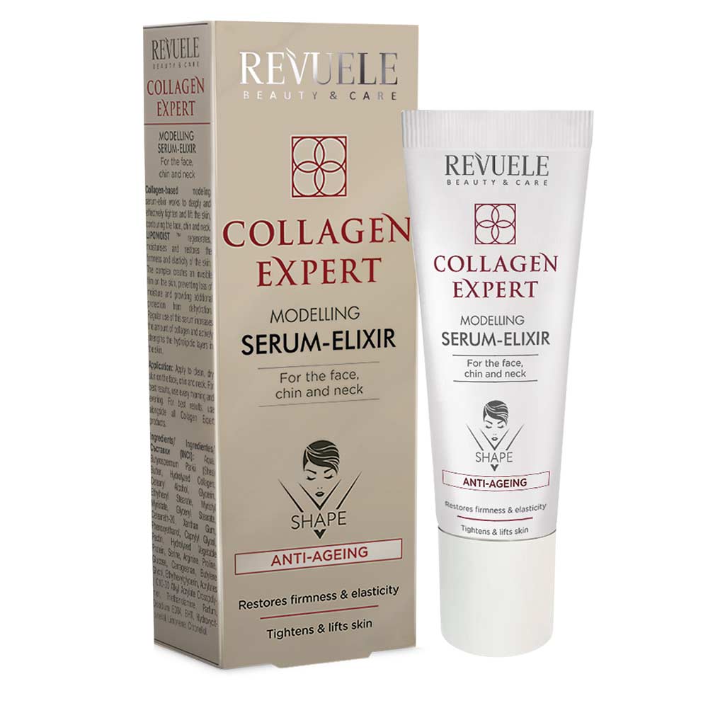 Revuele Collagen Serum Anti-Ageing 35ml bottle against a white background showcasing the sleek packaging