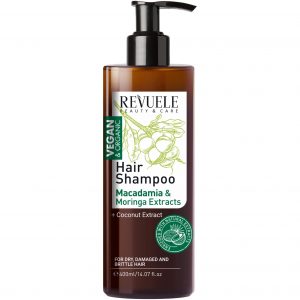 Revuele Vegan & Organic Shampoo 400ml bottle on a white surface, showing the green label and minimalist packaging