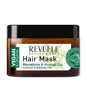 Revuele Vegan & Organic Hair Mask 360ml tube with green and white branding on a clean surface