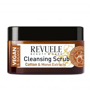 Revuele Vegan & Balance Cleansing Scrub in a white tube with green accents on a marble surface