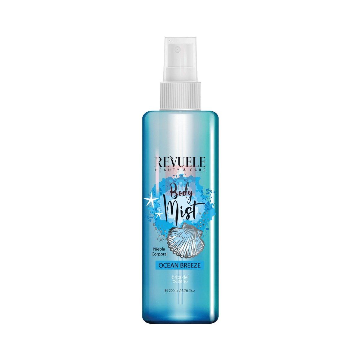 Revuele Ocean Body Mist 200ml bottle on a white surface, blue-tinted liquid visible through translucent plastic