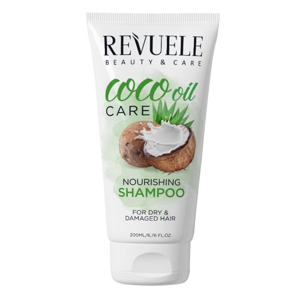 Revuele Coco Care Shampoo 200ml bottle with coconut extract label, white plastic packaging