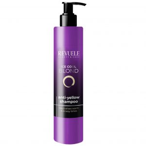 Revuele Icedcool Blond Shampoo 335ml bottle on a clean white surface, pale violet liquid visible through translucent packaging