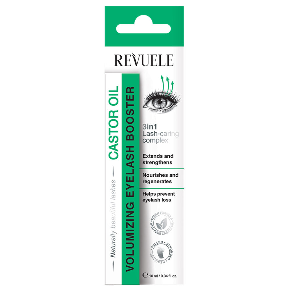 Revuele Castor Oil Volumizing Eyelash Booster 10 ml packaging front view, white and green bottle