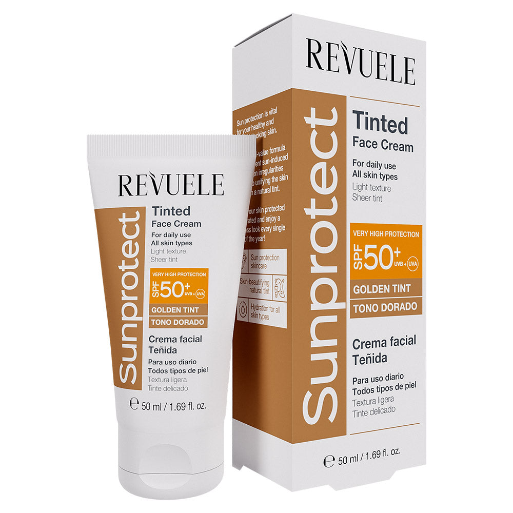 Revuele SPF 50+ Sunprotect Face Cream with Golden Tint 50ml tube packaging on white background