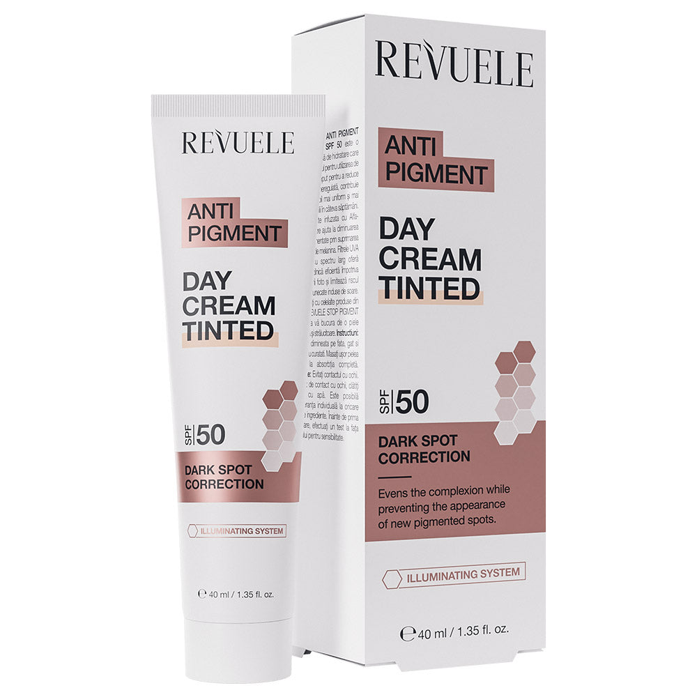 Revuele SPF 50 Anti Pigment Day Cream Tinted 40ml tube with coral accents, on white background