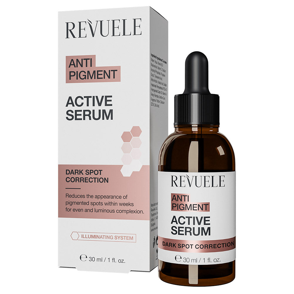 Revuele Anti Pigment Active Serum 30 ml packaging box and bottle on white background