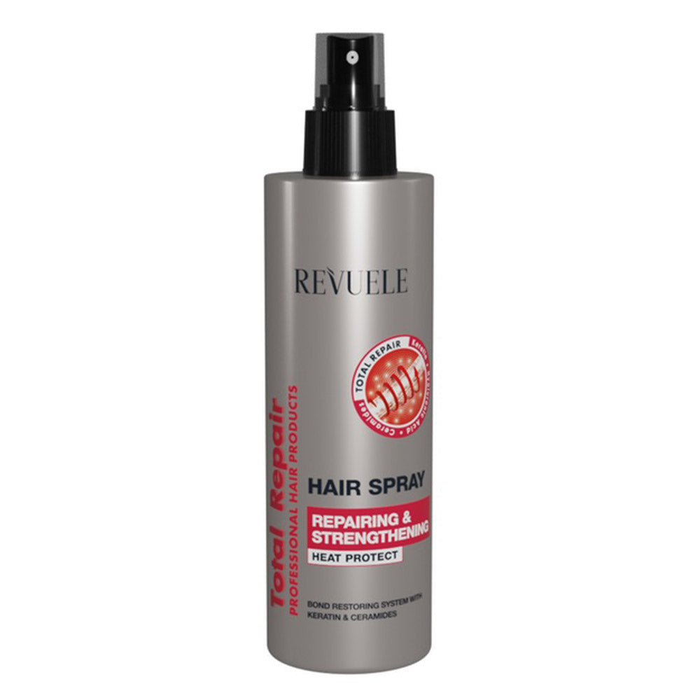 Revuele Total Repair Hair Spray – 200 ml bottle with blue and white label on minimalist tabletop