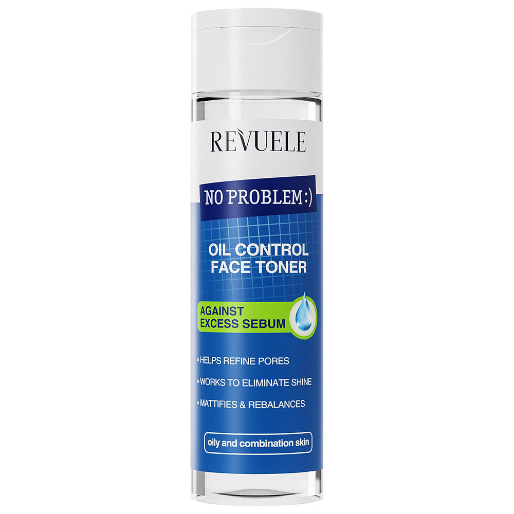 Revuele Oil Control Face Toner in a clear plastic bottle with matte label, 200 ml size