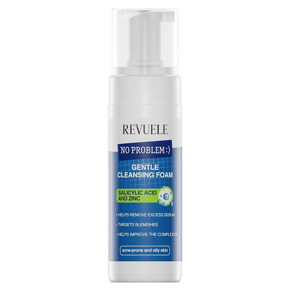 Revuele Gentle Cleansing Foam in a white pump bottle with purple and blue accents, 150 ml