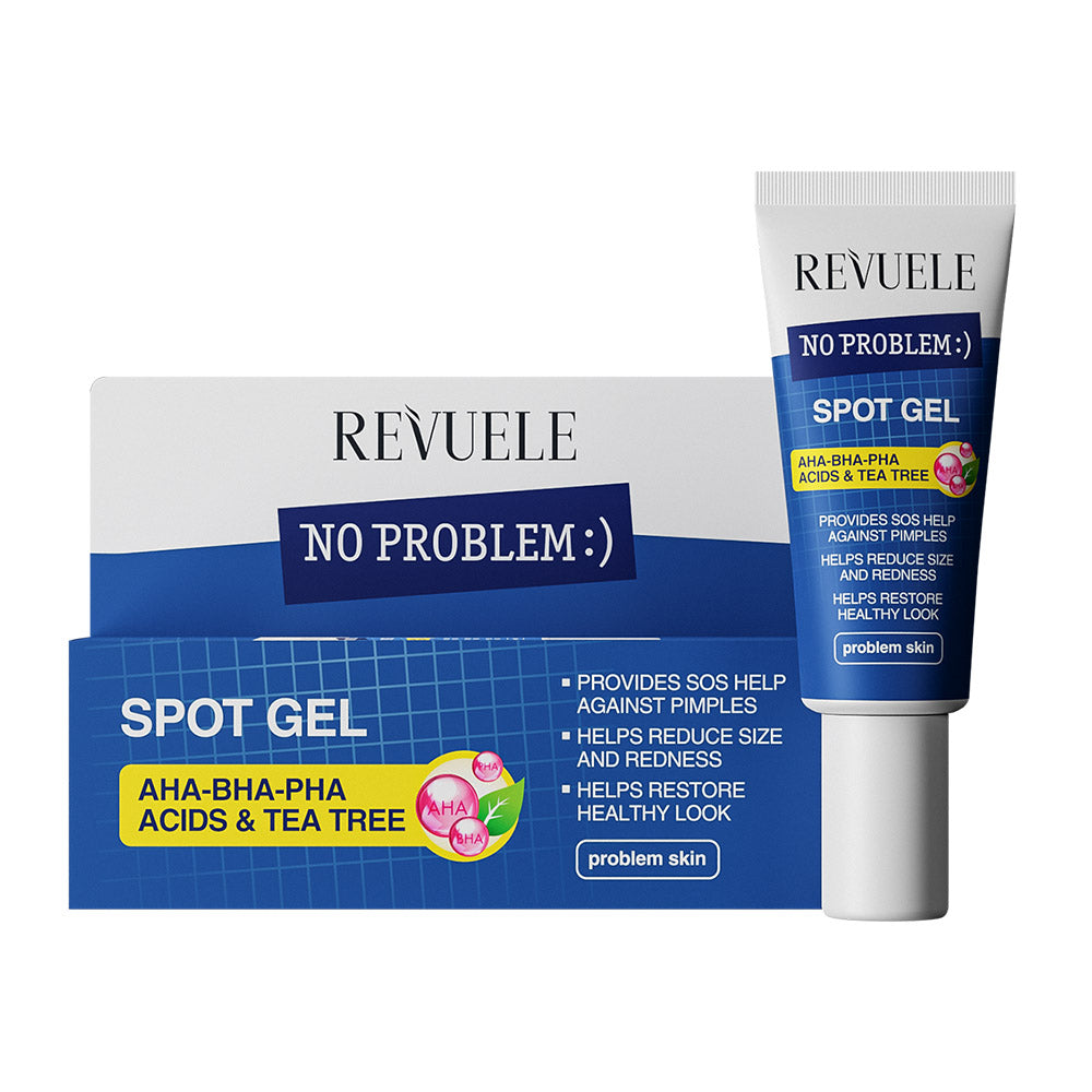 Revuele No Problem Spot Gel in a white tube with green accent, 25 ml, held against a minimalist background