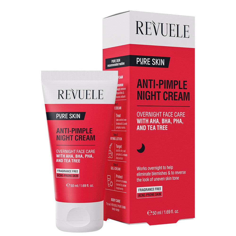 Revuele Anti-Pimple Night Cream in a white tube with green accents, 50 ml packaging shown on a clean surface