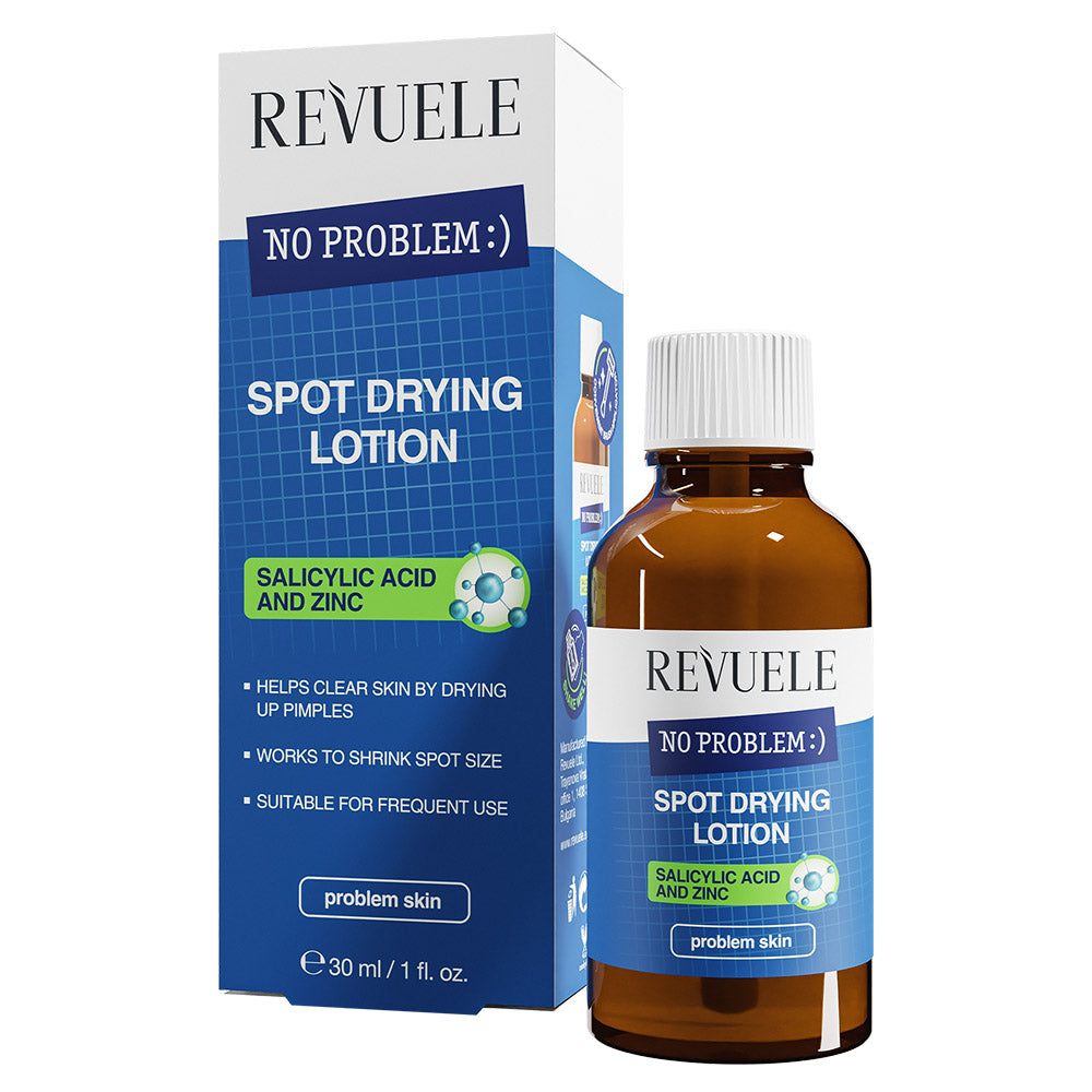 Revuele Spot Drying Lotion 30 ml bottle with dropper, white and green packaging