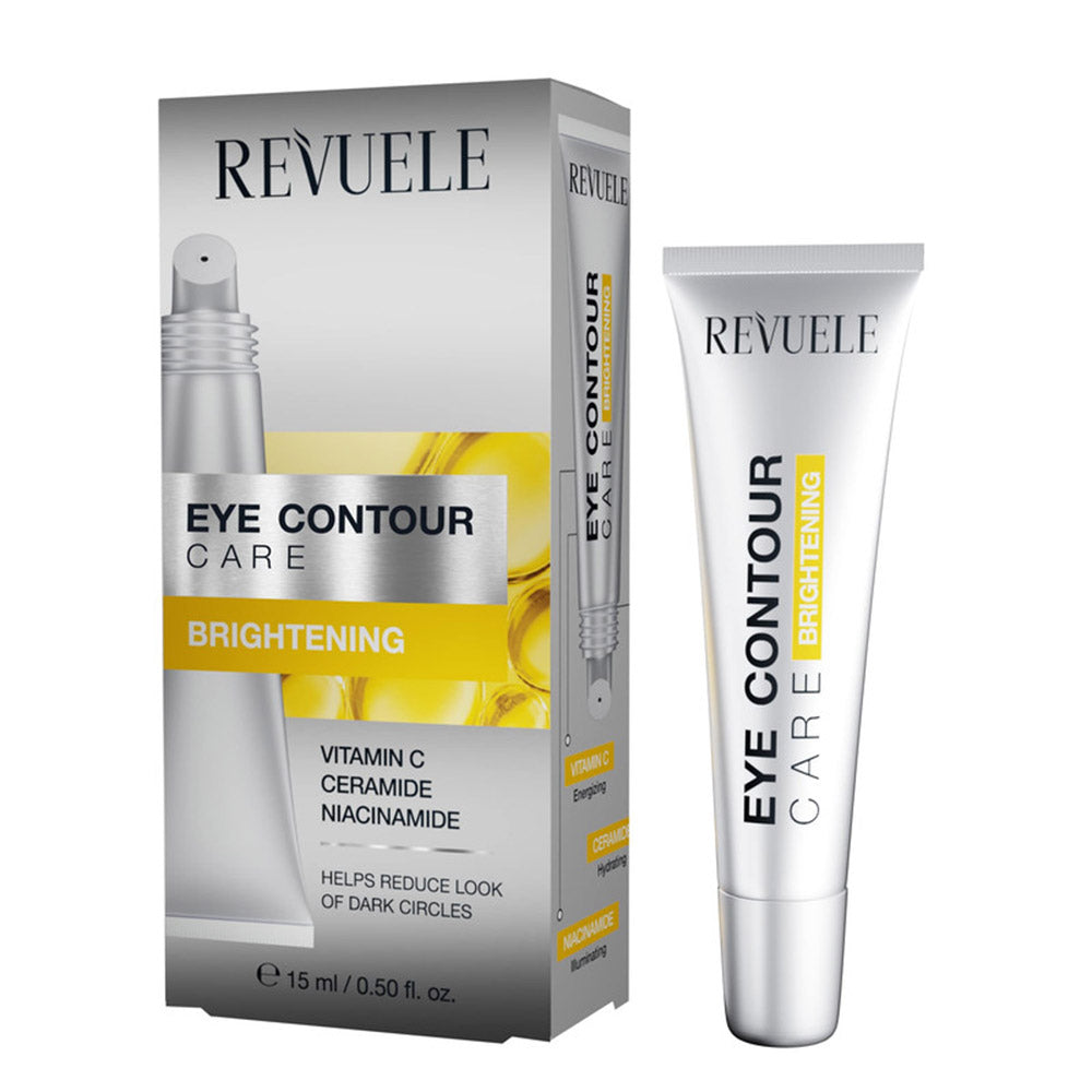 Revuele Eye Contour Care Brightening in a white and teal tube, 15 ml size on a clean background