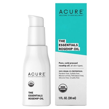 Acure The Essentials Rosehip Oil in a 30 mL amber glass bottle with dropper