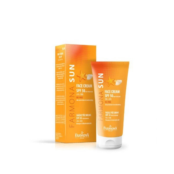 Farmona Sun High Protection Oil-Free Face Cream SPF50 in a white and green tube on a clean surface