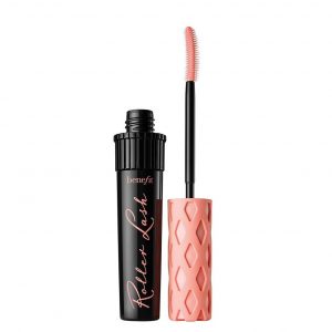 Benefit Roller Lash mascara in black packaging, 8.5g tube with pink accents and Hook 'n' Roll brush visible