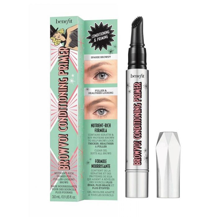 Benefit Browvo Conditioning Primer 3.0ml tube with clear gel, white cap, and teal accents for brow care