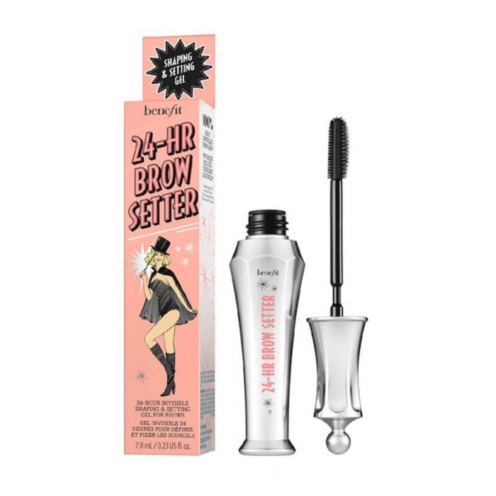 Benefit 24 Hour Brow Setter clear gel tube with dual-ended wand showing long and short bristles