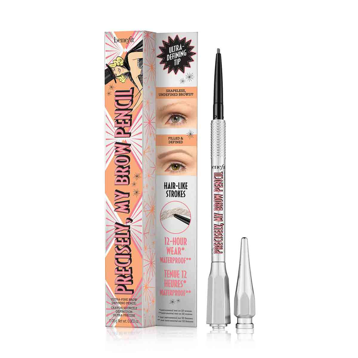 Benefit Precisely My Brow Pencil in Cool Grey with fine tip and spoolie, close-up