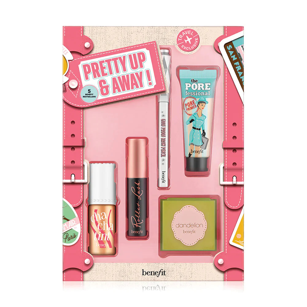 Benefit Pretty Up & Away! Set compact case with five travel-size products including brow pencil and mascara