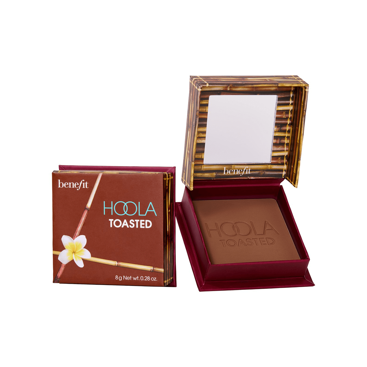 Benefit Hoola Toasted bronzer compact open, showing deep matte powder with a brush