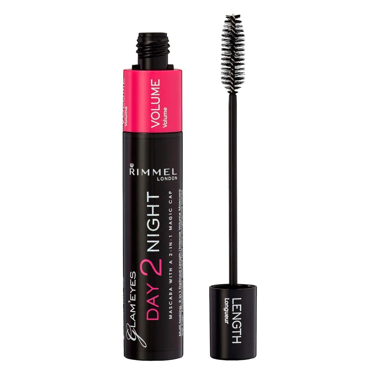 Close-up of Rimmel London Day 2 Night mascara tube with dual caps, black packaging against clean white background