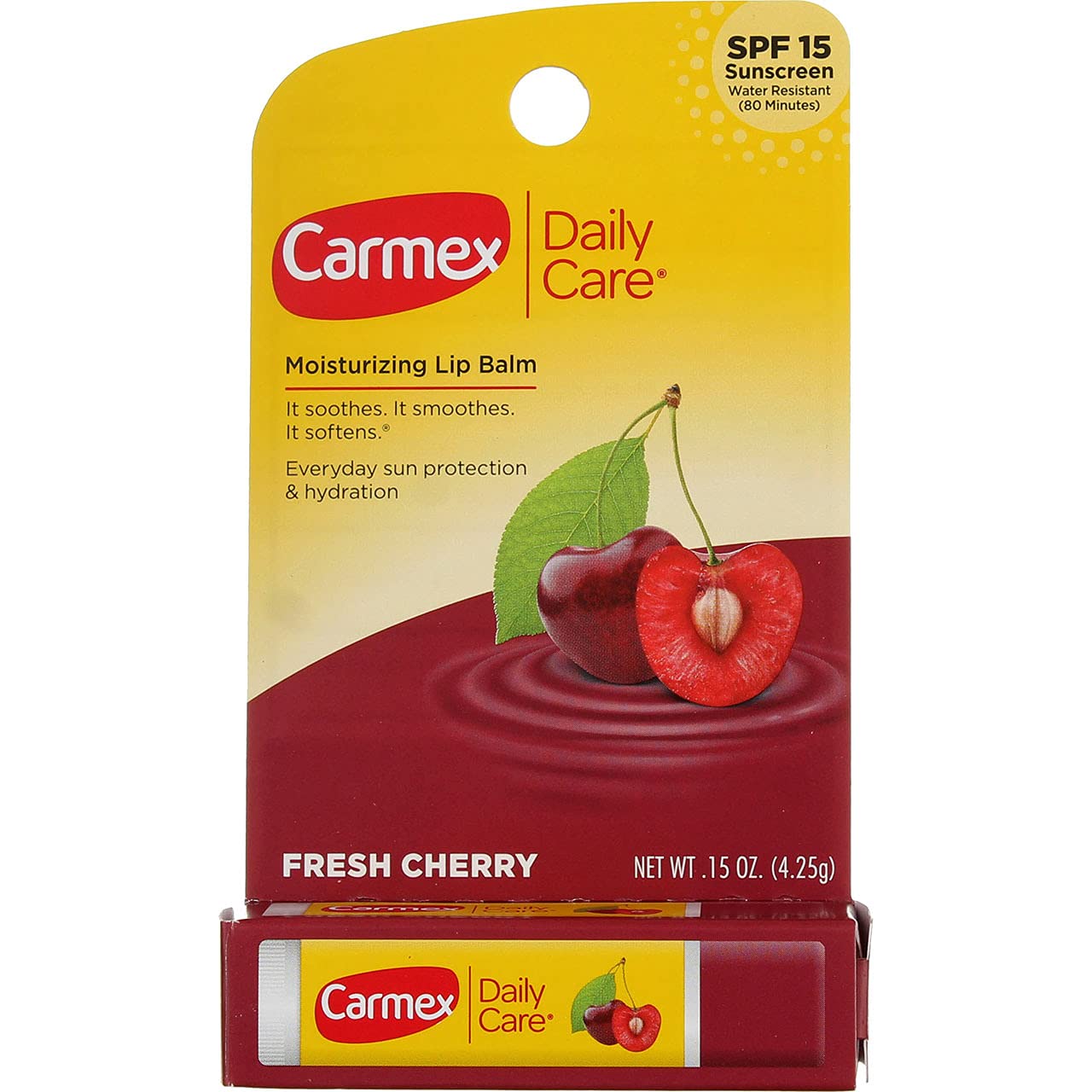 Carmex Cherry Lip Balm Stick SPF 15 in a cherry-red tube, 4.25 grams