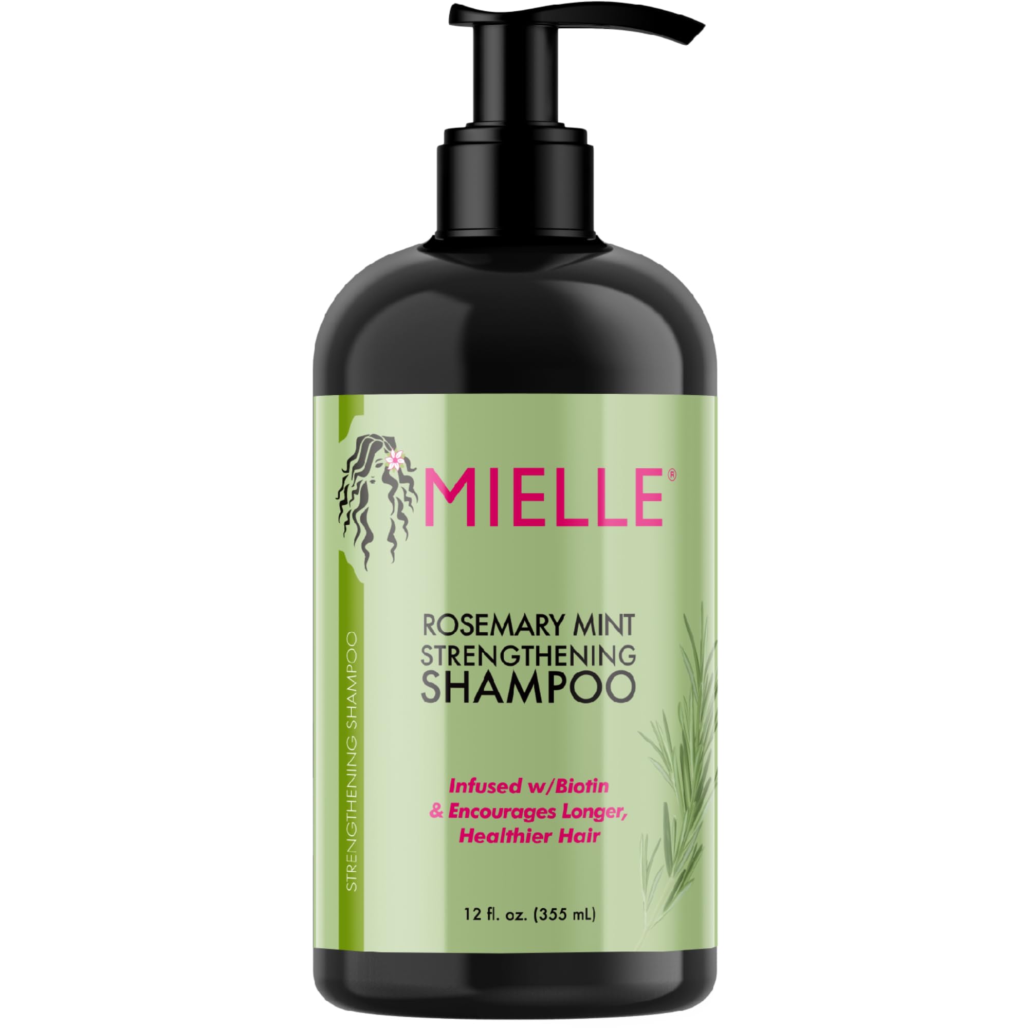 Mielle Rosemary Mint Strengthening Shampoo 355ml bottle with green label and mint leaves illustration