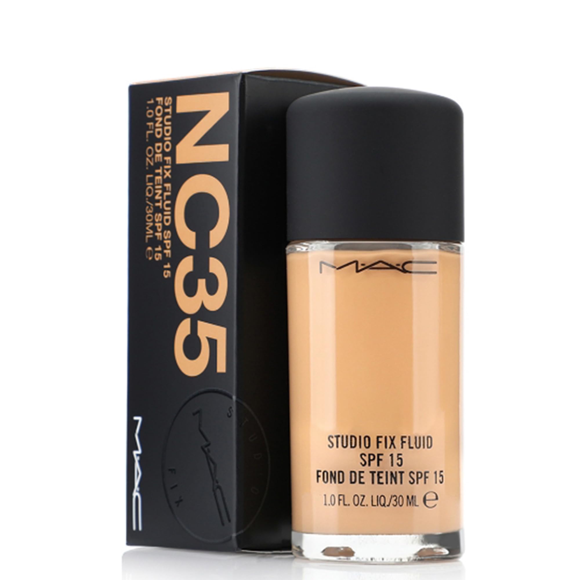 MAC Studio Fix Fluid Foundation SPF15 NC35 in a frosted glass bottle with black cap