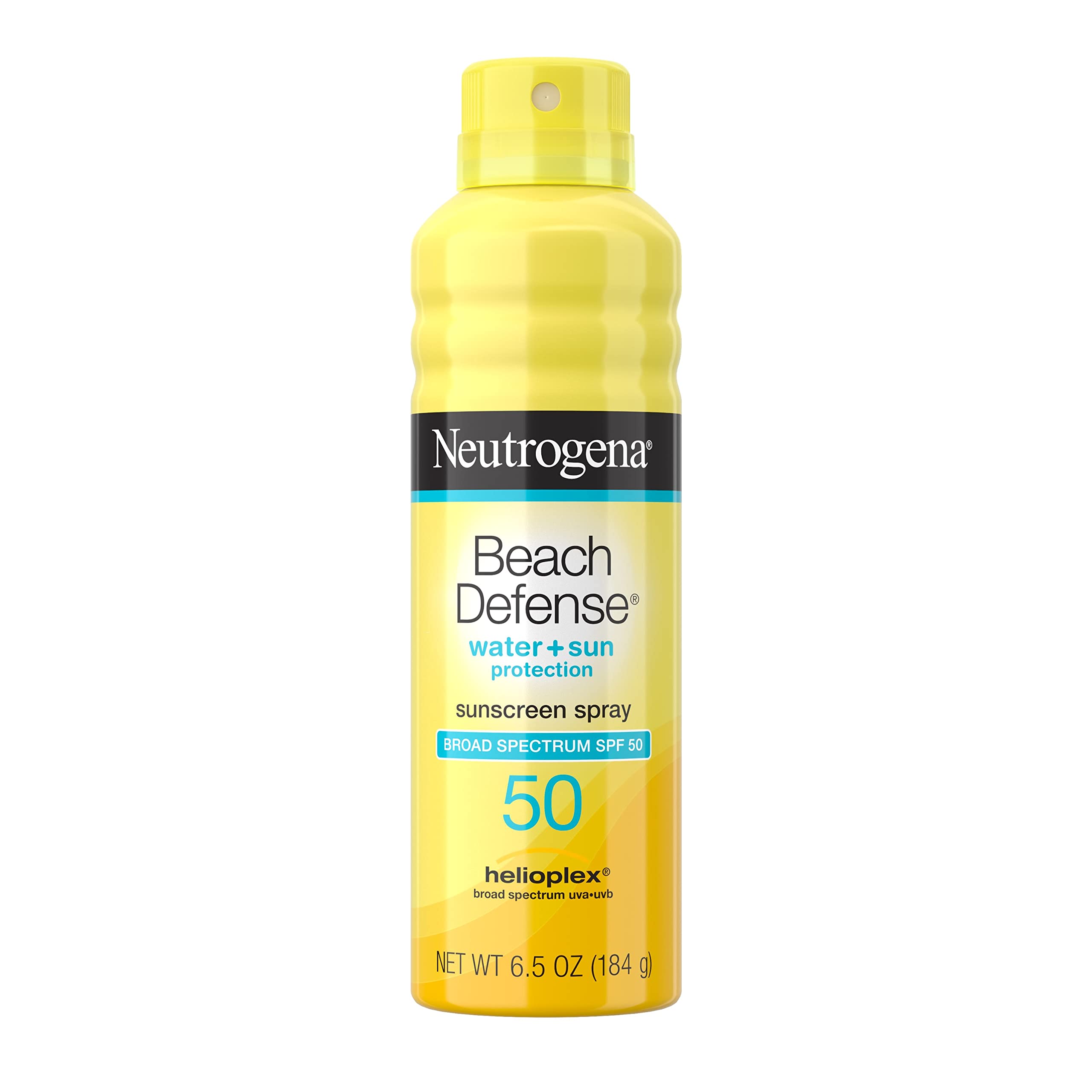 Neutrogena Beach Defense Sunscreen Spray SPF 50 6.5oz bottle on a sunny beach towel with ocean in background