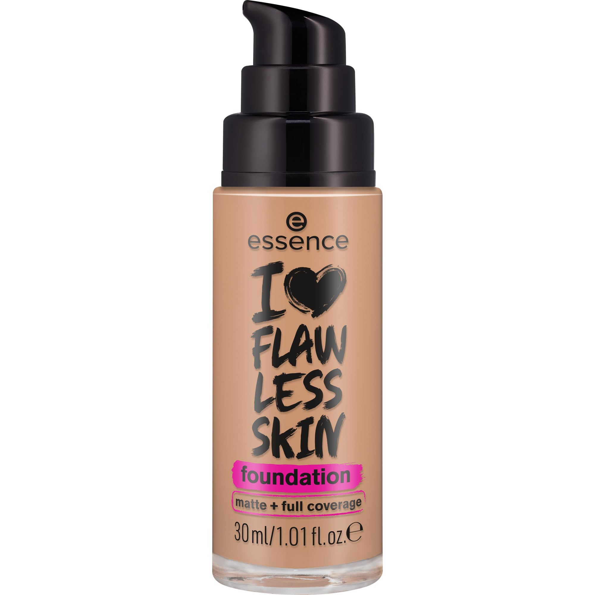 essence I LOVE FLAWLESS SKIN foundation in shade 70 Light Sand, matte dropper bottle on white table