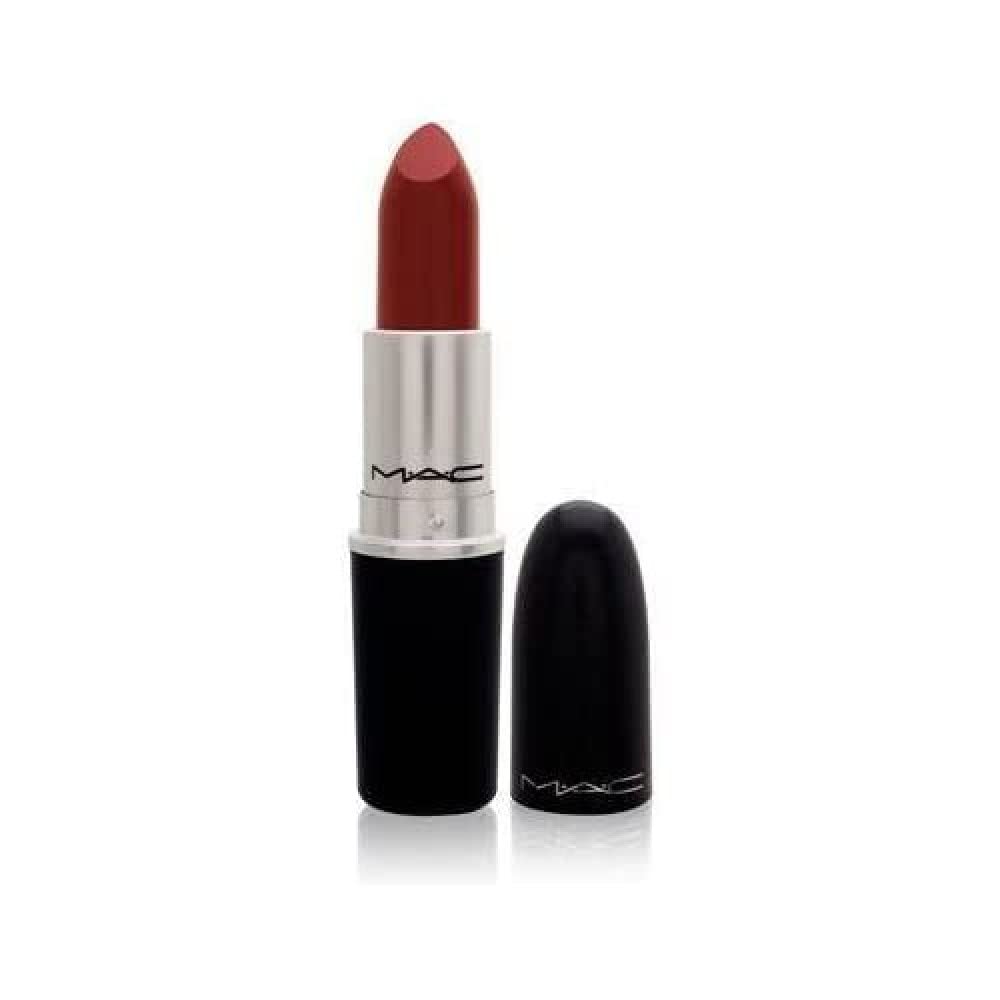 MAC Satin Lipstick in Mac Red bullet with signature black packaging, creamy texture visible on the side.