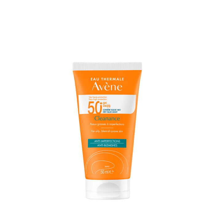 Avène Cleanance Sunscreen SPF50+ 50ml tube on white background, matte white packaging with green accents