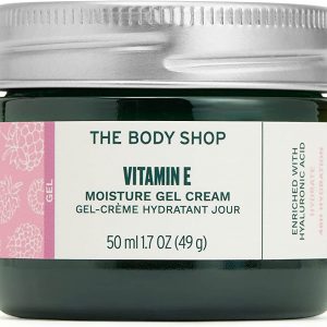 The Body Shop Vitamin E Gel Cream in a white tub with green accents on a clean background