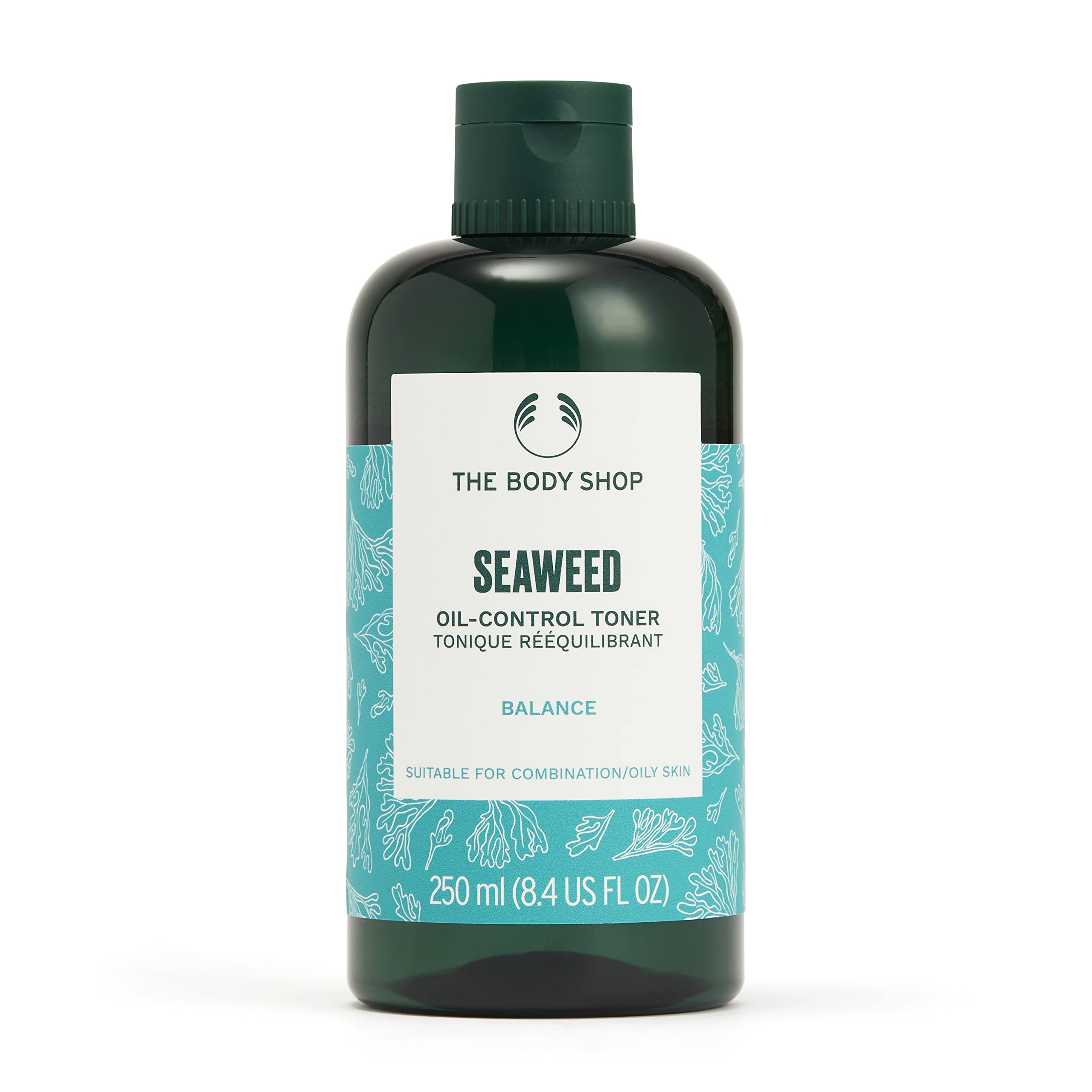 The Body Shop Seaweed Oil Balancing Toner in a clear 250ml bottle with green label and cap.
