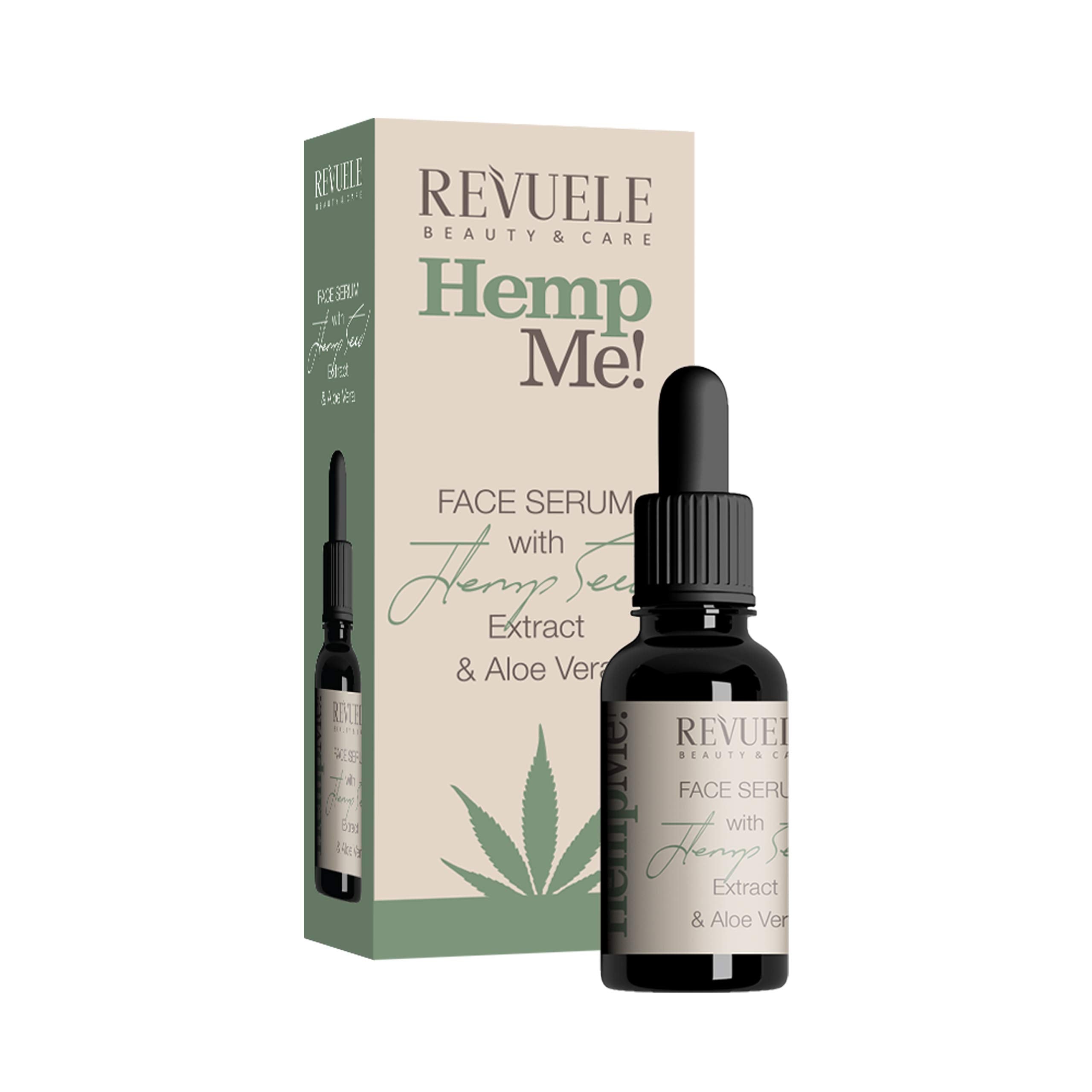 Revuele Hemp Me Face Serum Aloe Vera 30ml glass bottle with dropper, white label