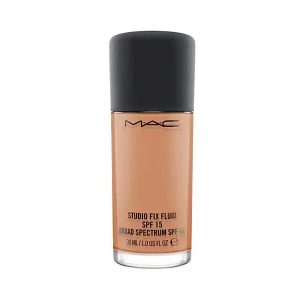 MAC Studio Fix Fluid Foundation SPF 15 in NW25, a glass bottle with black cap against white background