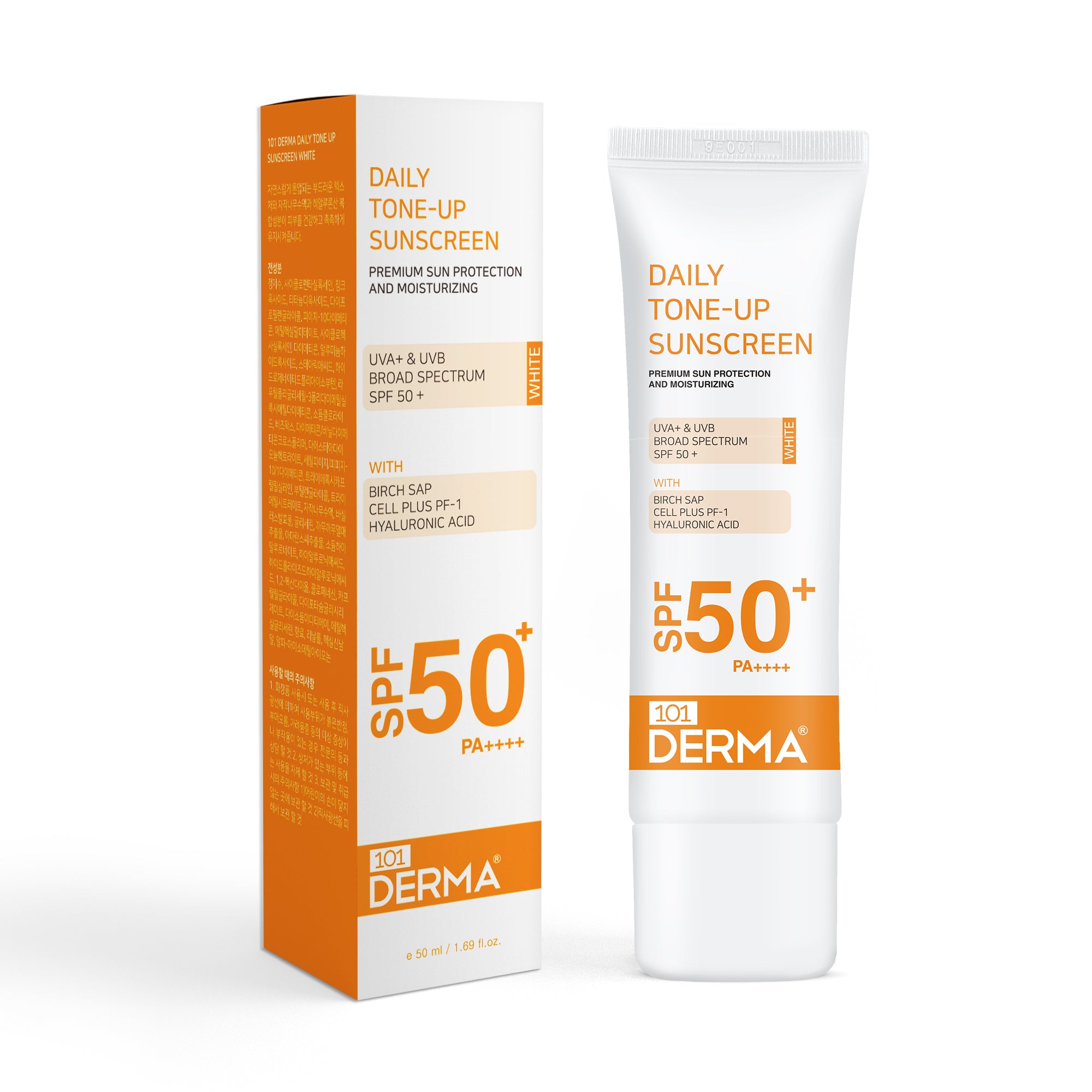 101 Derma Daily Tone-Up Sunscreen White SPF50+ in a white tube with blue accents, 50ml size