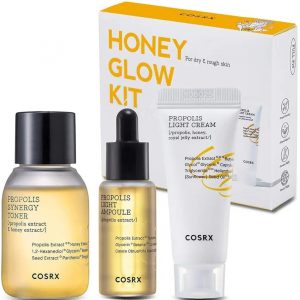 COSRX Honey Glow Kit with toner, ampoule, and cream in white and gold packaging