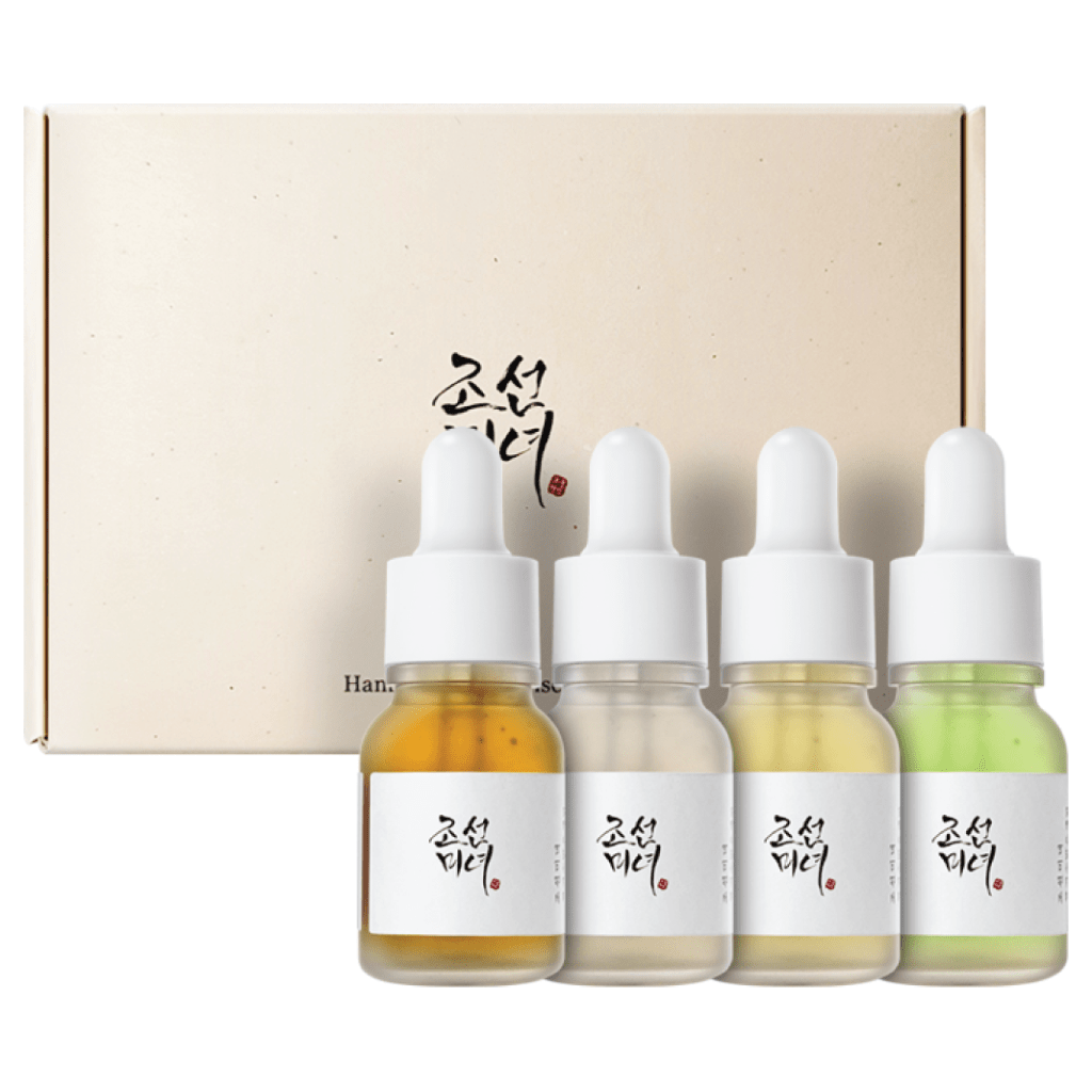 Beauty of Joseon Hanbang Serum Discovery Kit, three mini bottles arranged on a marble surface